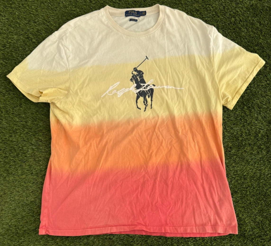 VTG Polo Ralph Lauren Y2K Single Stitch Tie Dye Big Pony T Shirt L Ombre Script