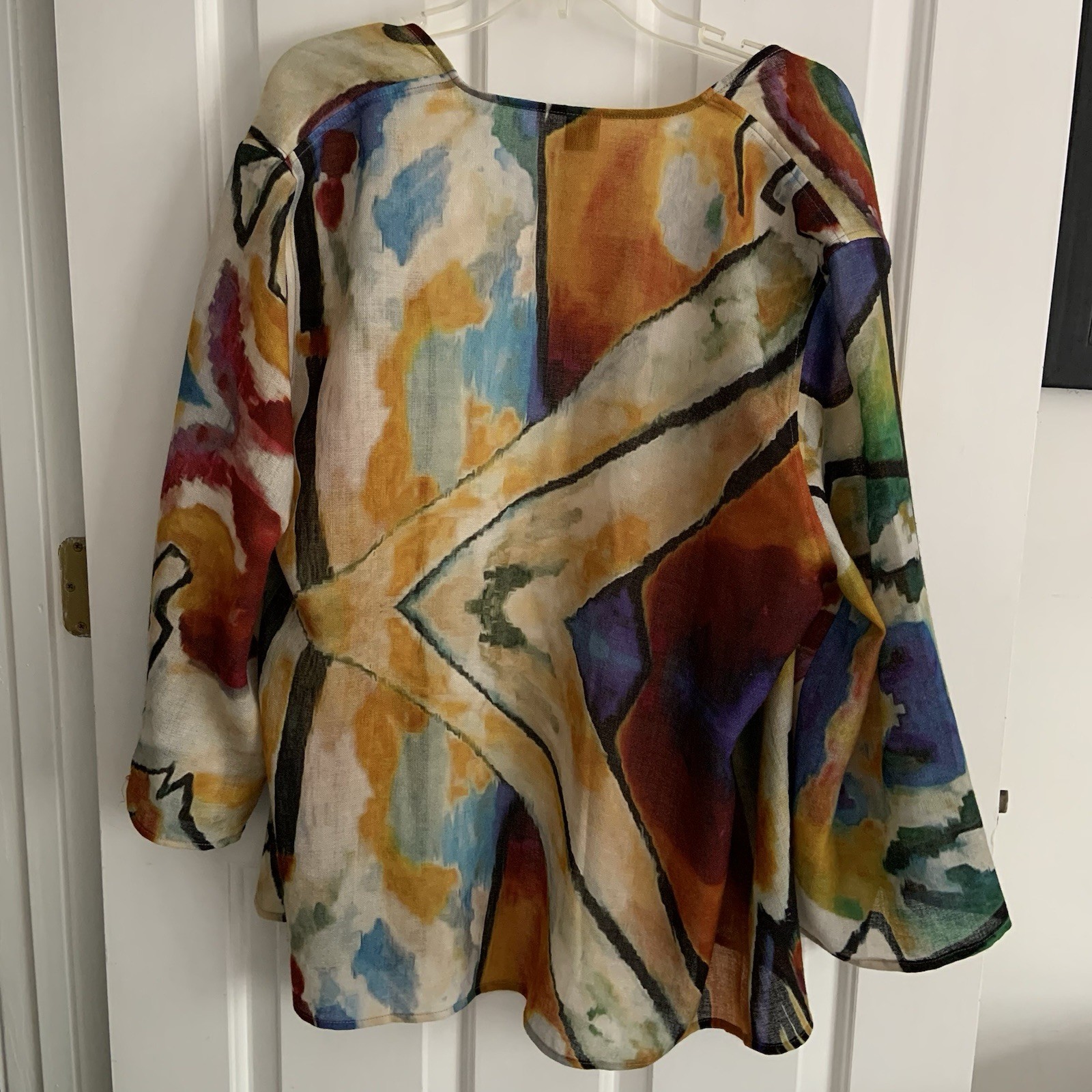 Tao House Open Cardigan 100% Sheer Wool L/XL Hand Printed Abstract *Sm FLAW