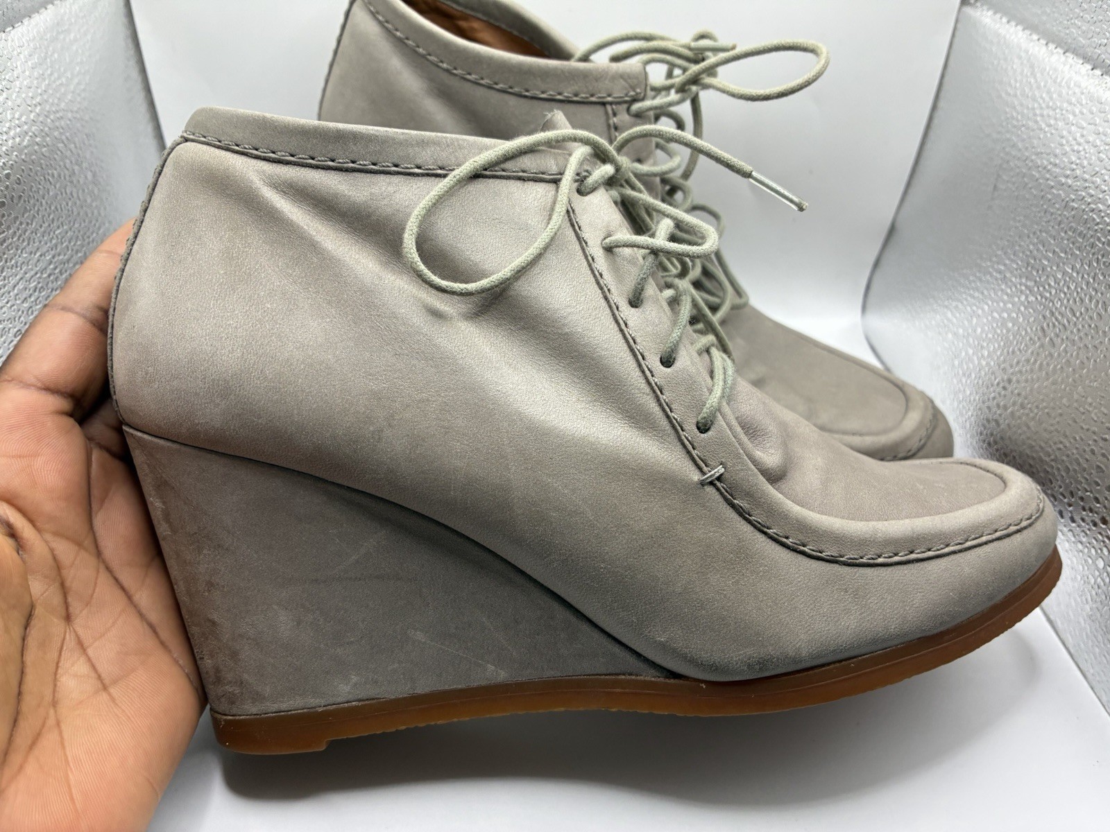 Zara Taupe Lace Up Wedge Ankle Boots Women’s Size 38 US 7.5 Moc Toe Hidden Wedge