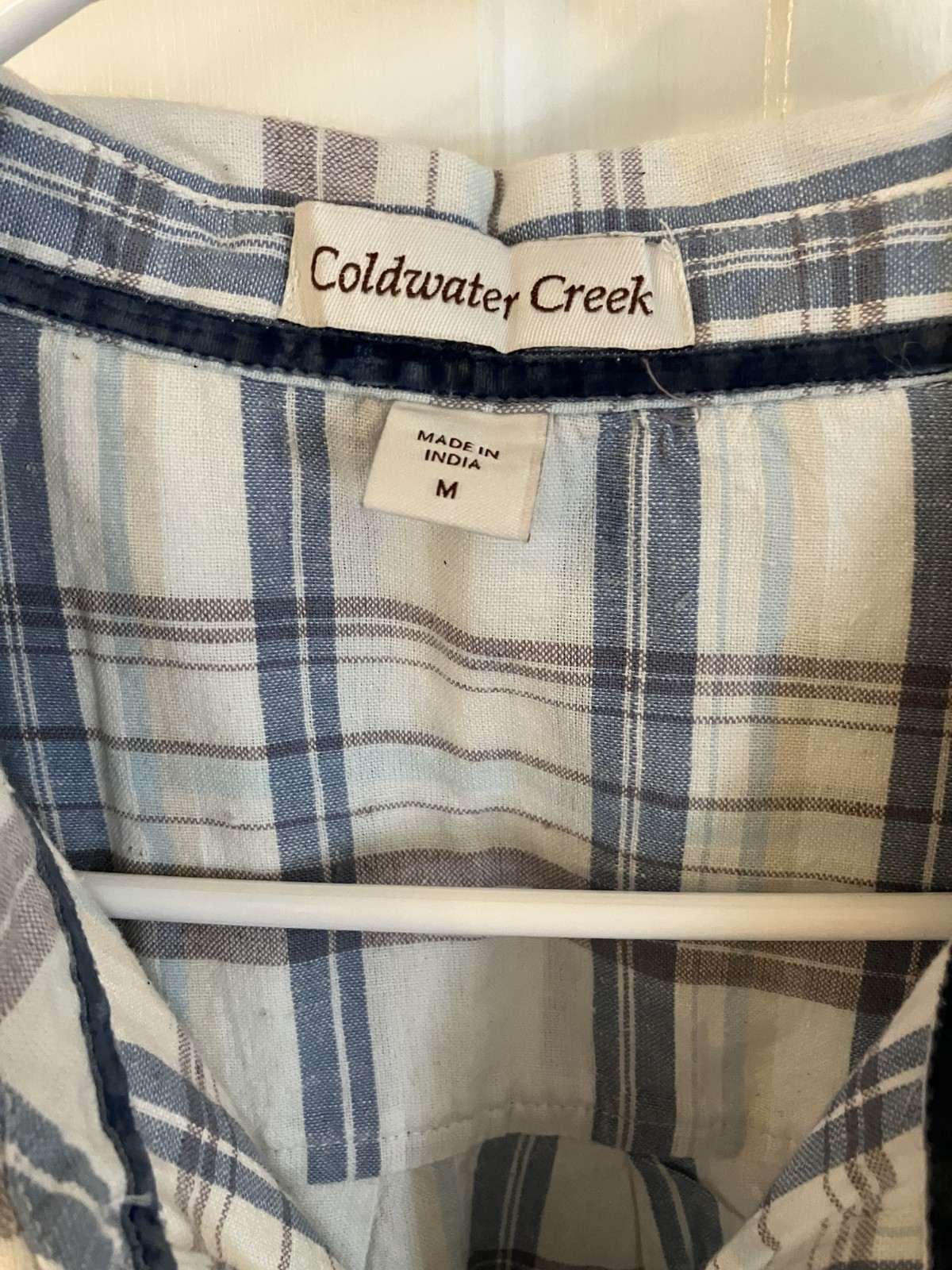 Coldwater Creek Ivory Blue Tan Plaid Embroidered Tunic Top Size M