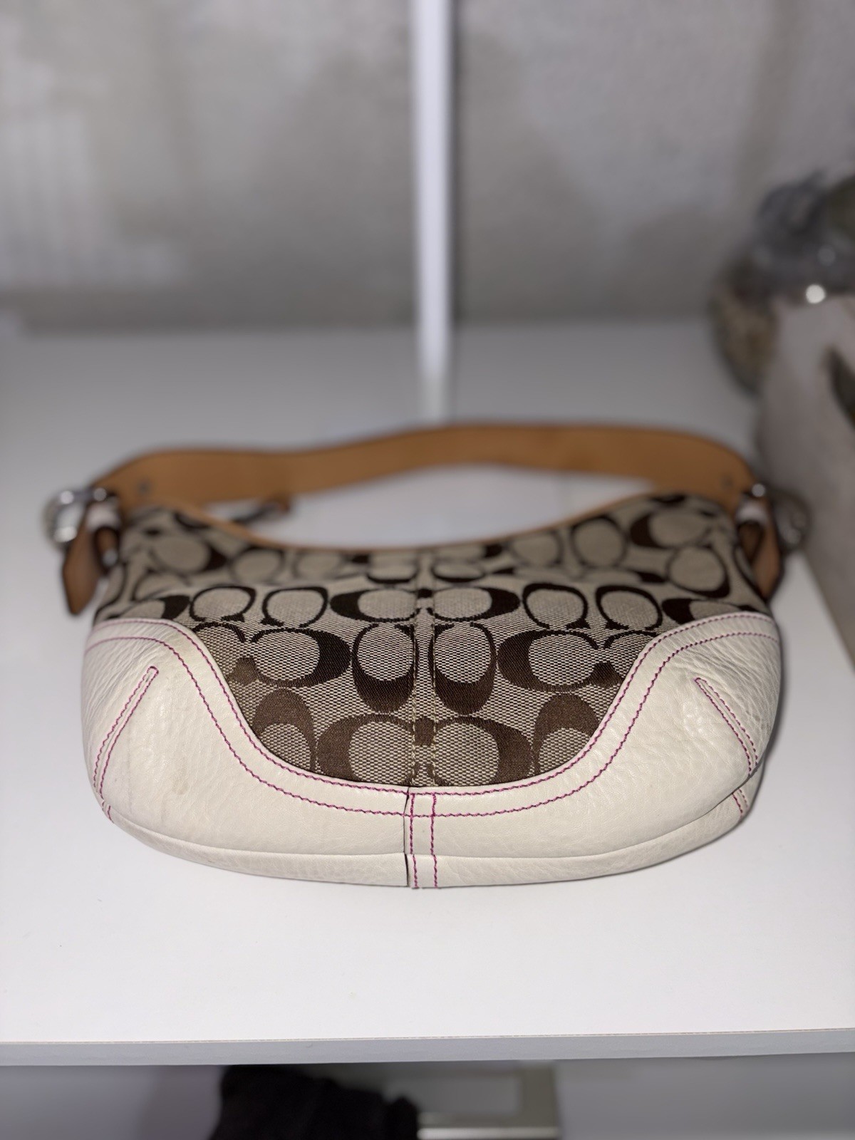 Coach Signature Soho Crescent Shoulder Bag Zip Stripe Strap Charm