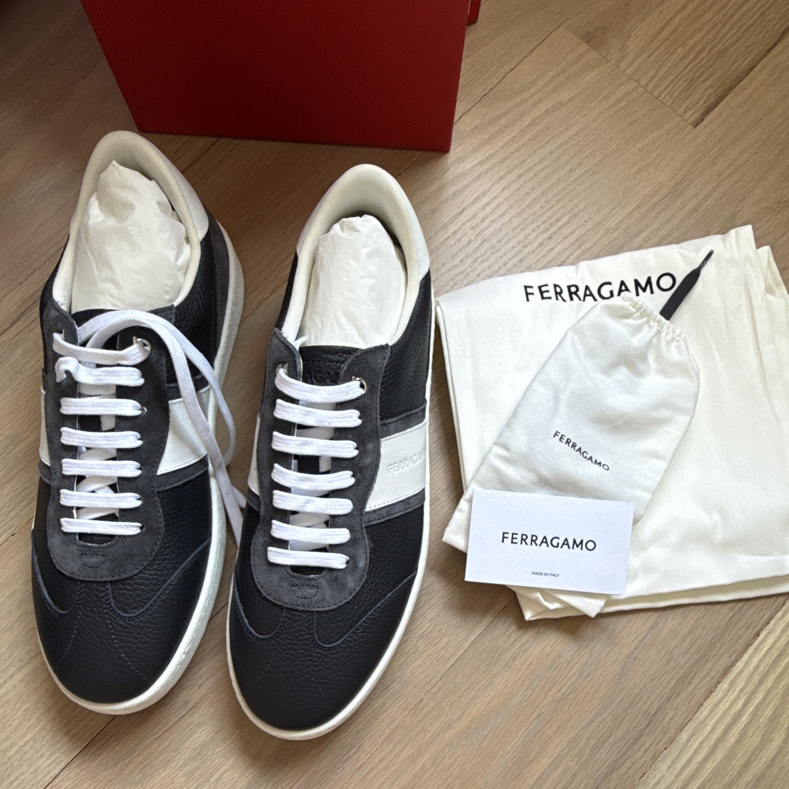 Ferragamo size 11 but runs big Men’s Low Top Lace Up Sneakers Black White
