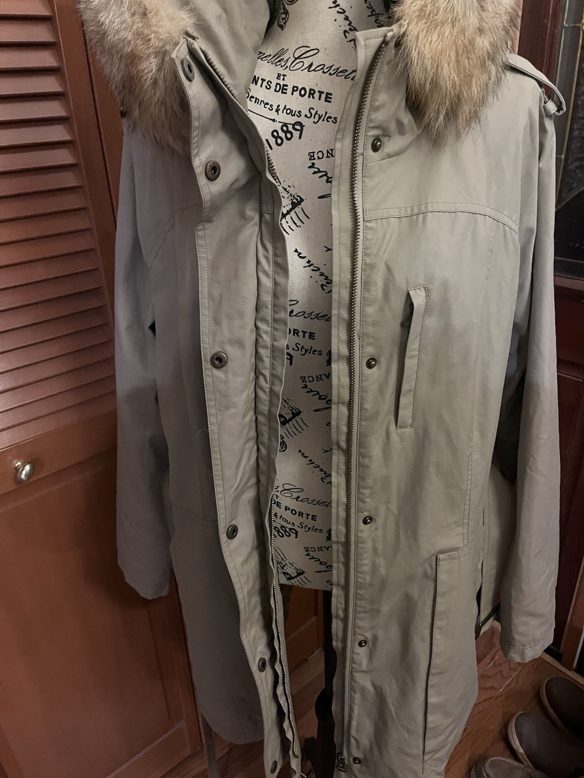 Pendleton Belted Beige Parka Real USA Coyote Fur Hood Quilted Lining Sz Xl