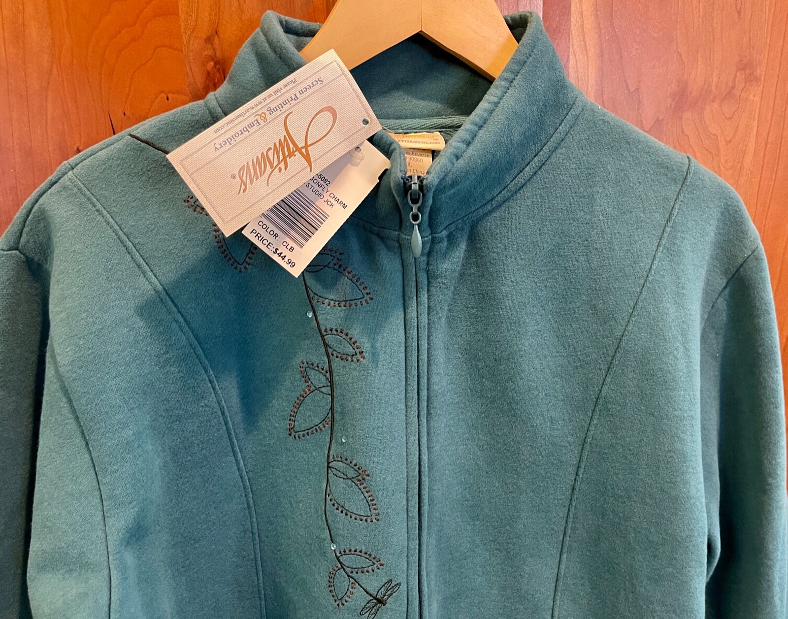 NWT Artisians Dragonfly Embroidered Rhinestones Teal Zip Fleece Jacket Women’s L