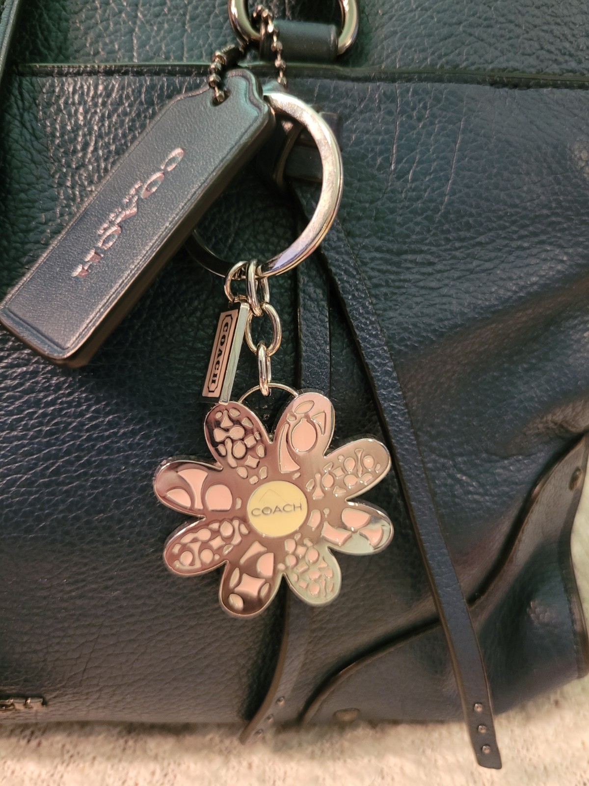 Coach Blue green Pebbled small Satchel Top Handle Zip Turn Lock Floral Charm