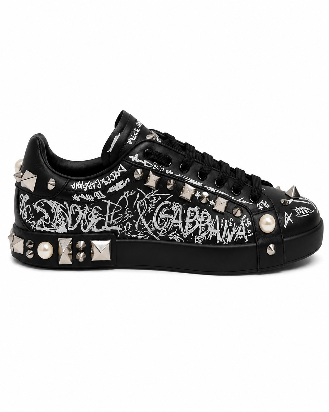 DOLCE & GABBANA SALE PORTOFINO $2,490 GRAFFITI STUDDED LEATHER SNEAKERS SZ : 44