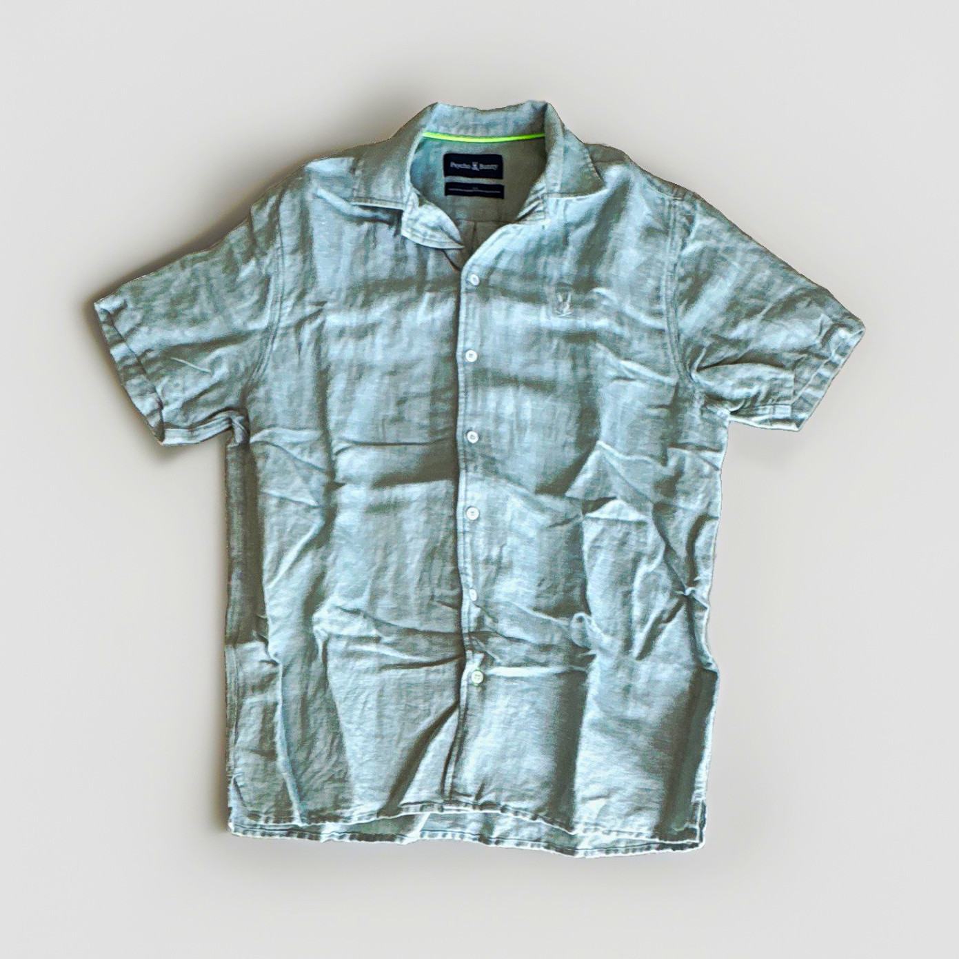 Psycho Bunny Men’s Green Solid Linen Short Sleeve Button-Up Shirt M/L
