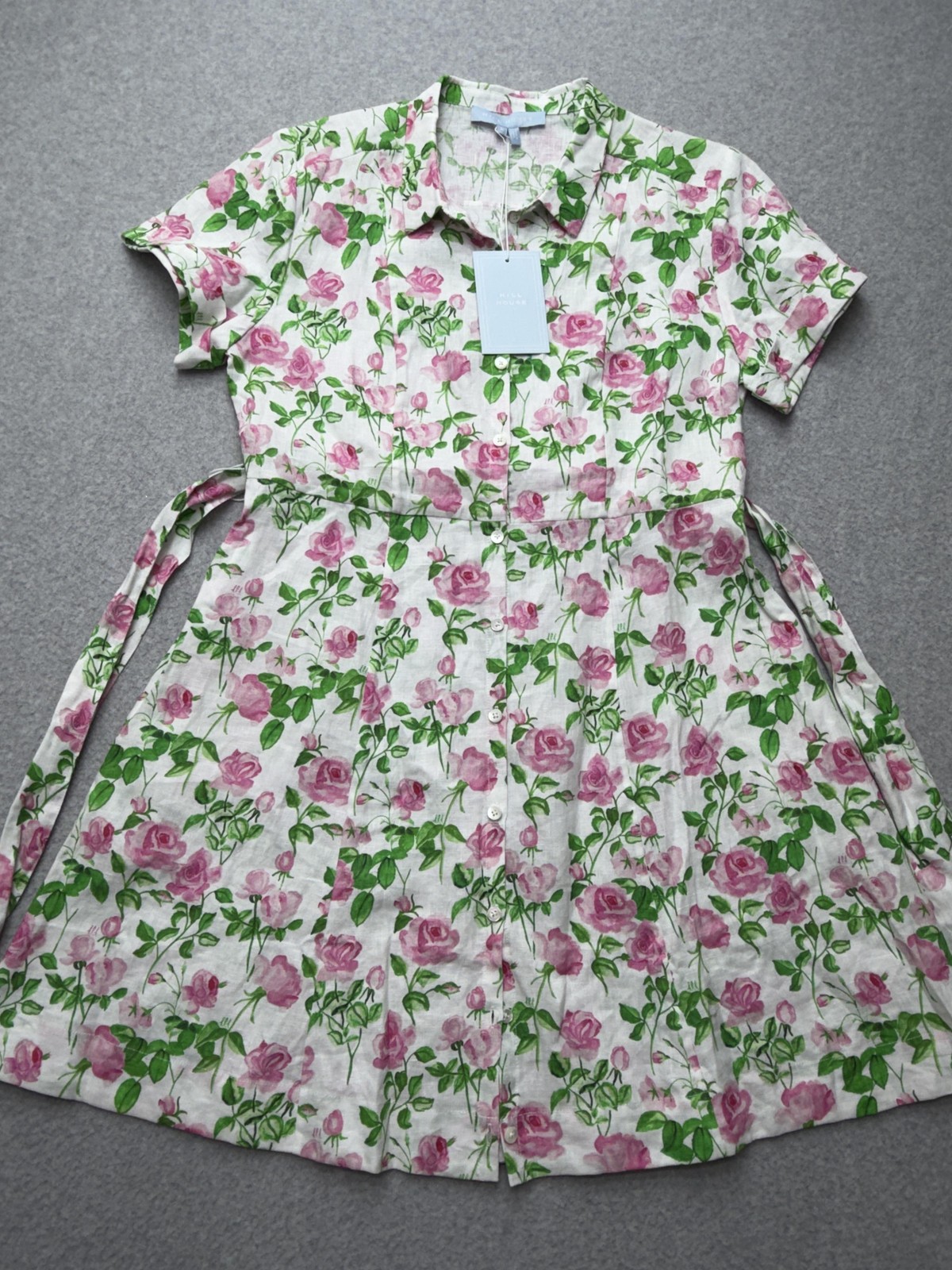 Hill House Laura Dress Womens Medium Pink Roses Linen Collared Belted Pockets