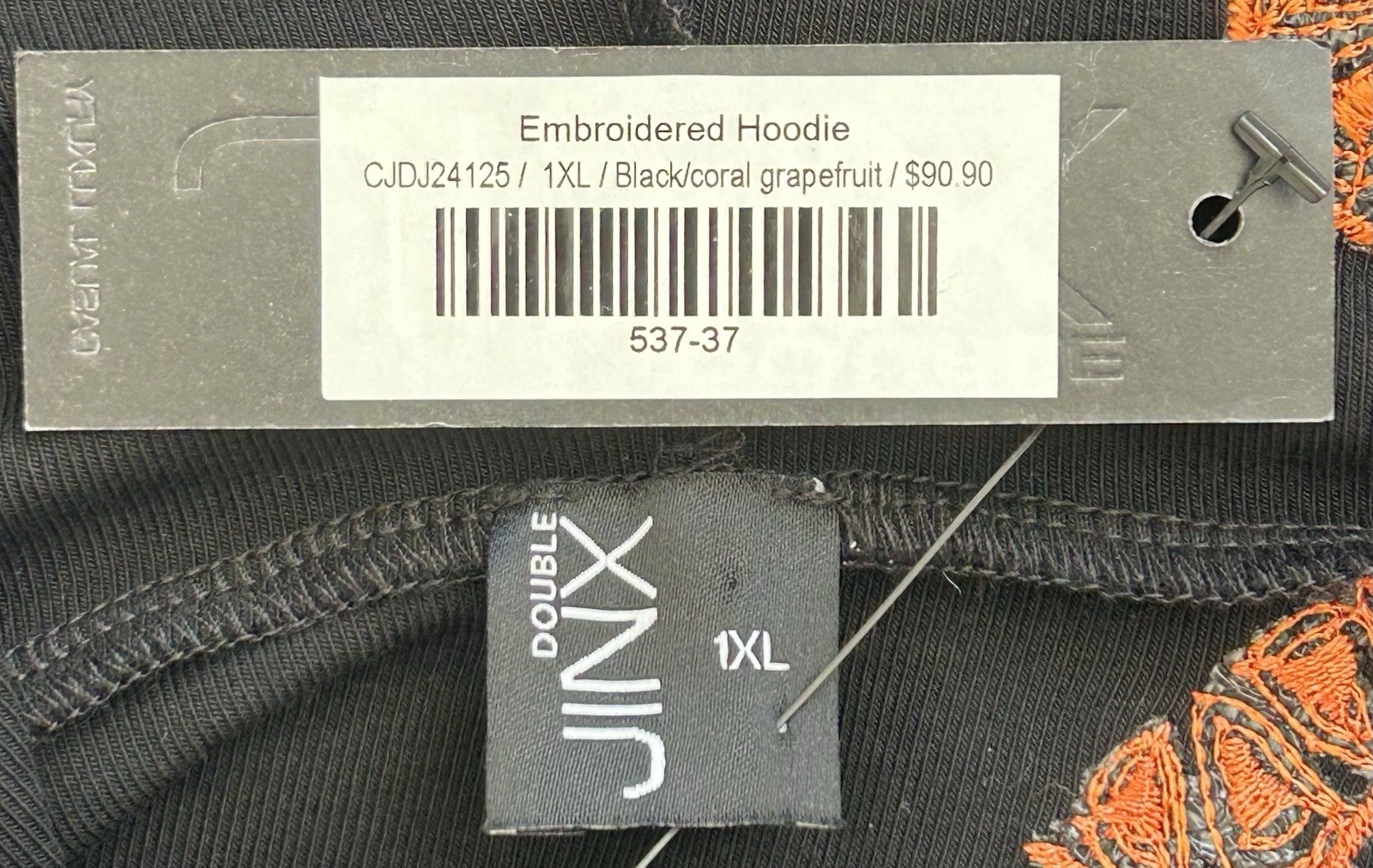 NWT Double Jinx Embroidered Grapefruit Hoodie Women’s 1XL Black Orange Drawstrin