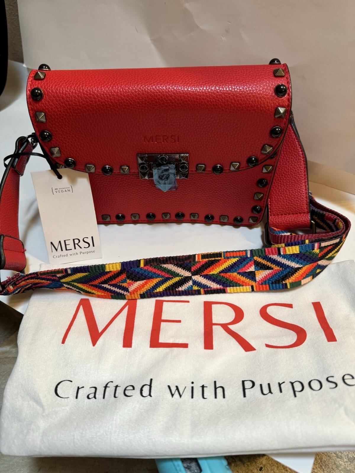 NWT Mersi Crossbody Bag Handbag 2 Straps Studded Vegan Leather Red Dust bag Red
