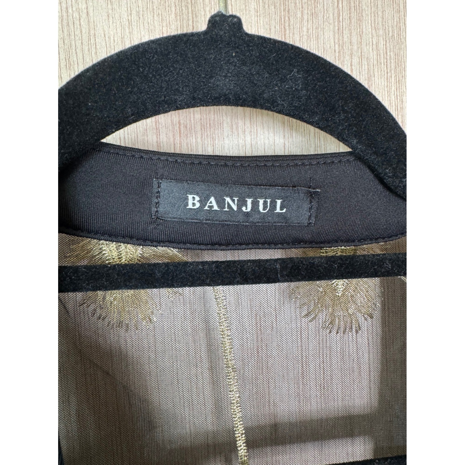 Banjul Black Sheer Gold Thread Textured Feather Design Duster Jacket Women OS
