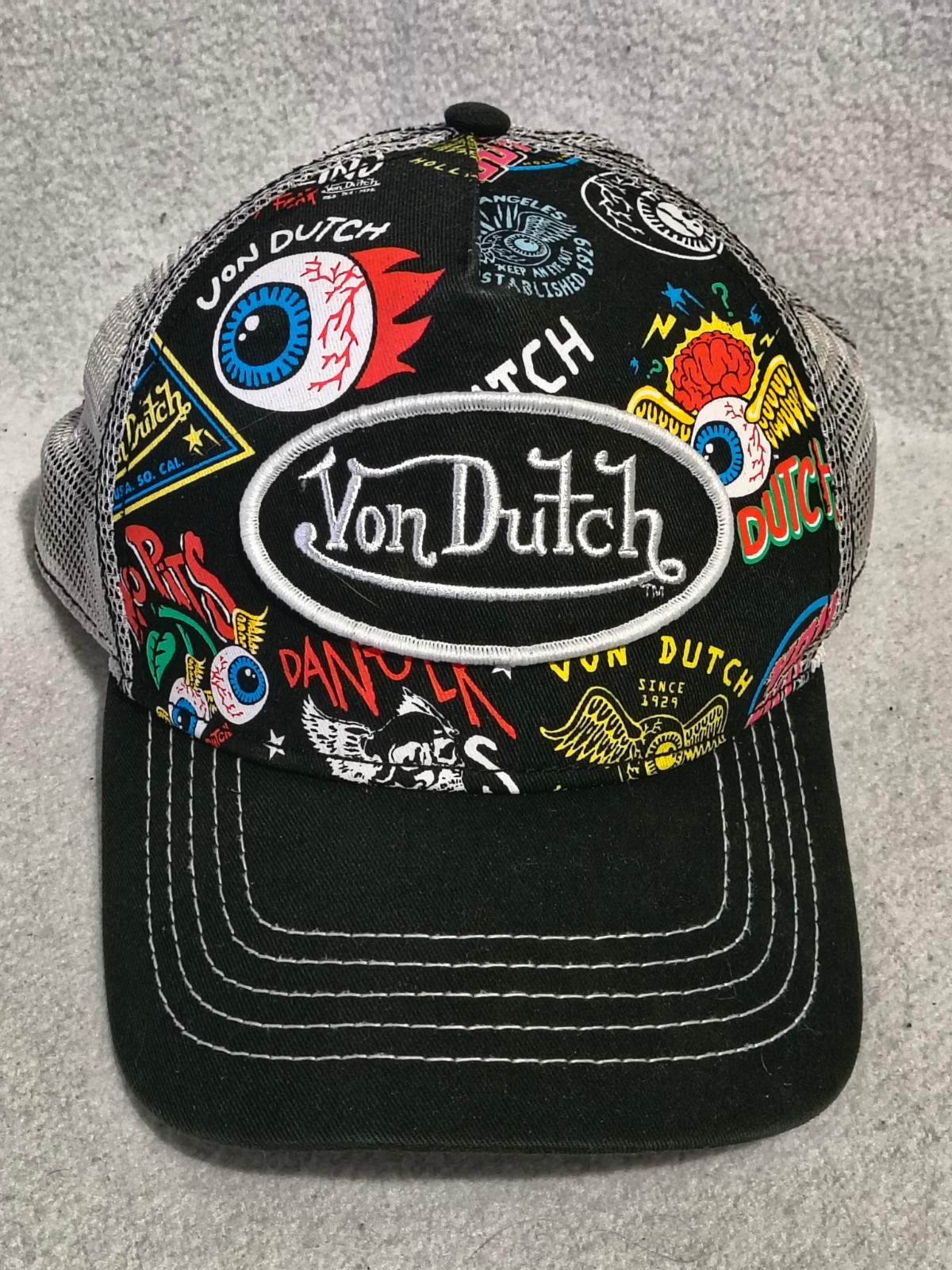 Von Dutch Eyeball Fly Trucker Hat Black White All Over Print Mesh Fast Ship