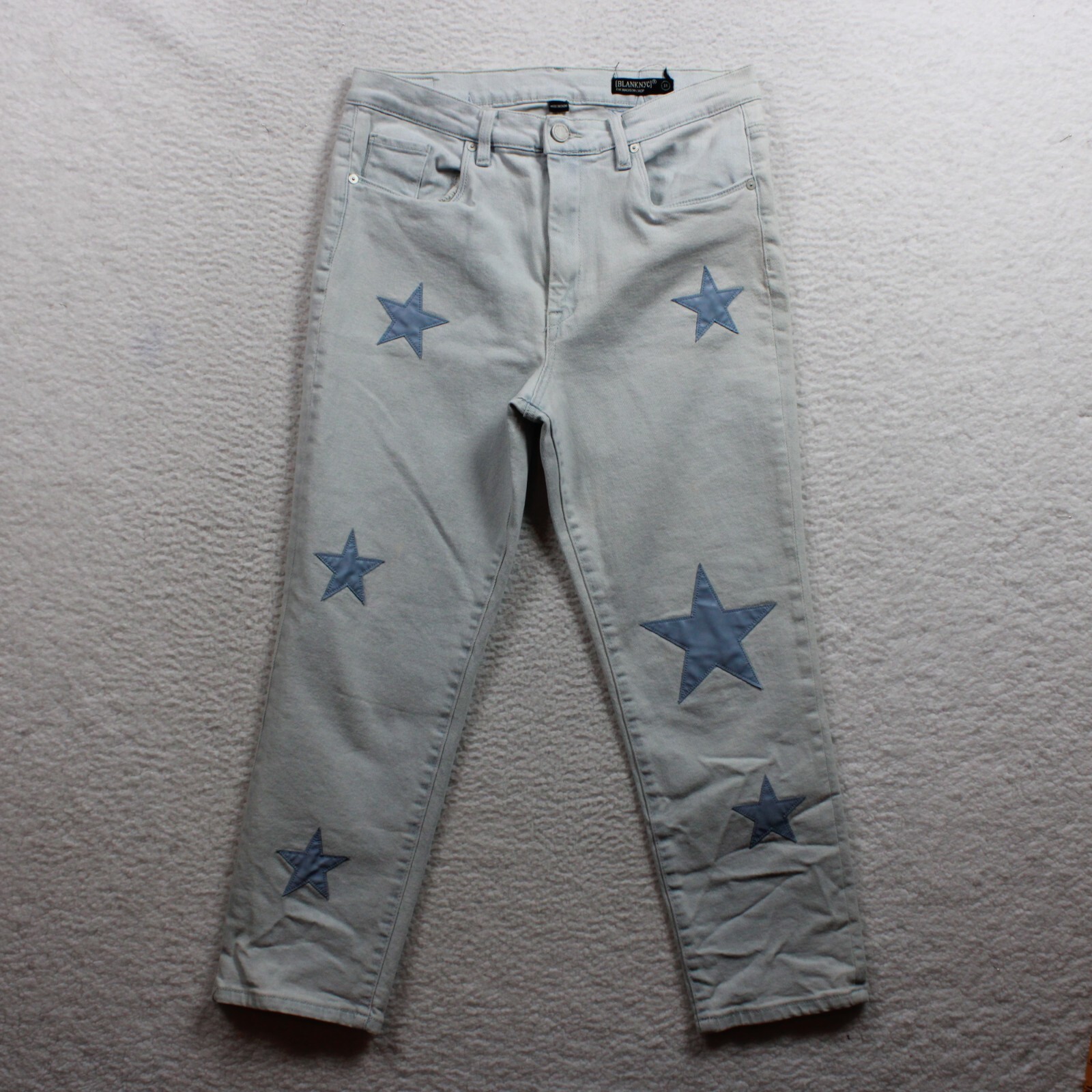 BLANKNYC Women’s The Madison Crop High Rise Jeans Size 31 Light Wash Blue Stars