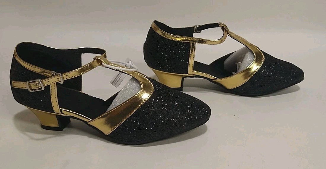 Women’s Ballroom Latin Dance Shoes Closed Toe High Heels Black Gold US Size 4.5