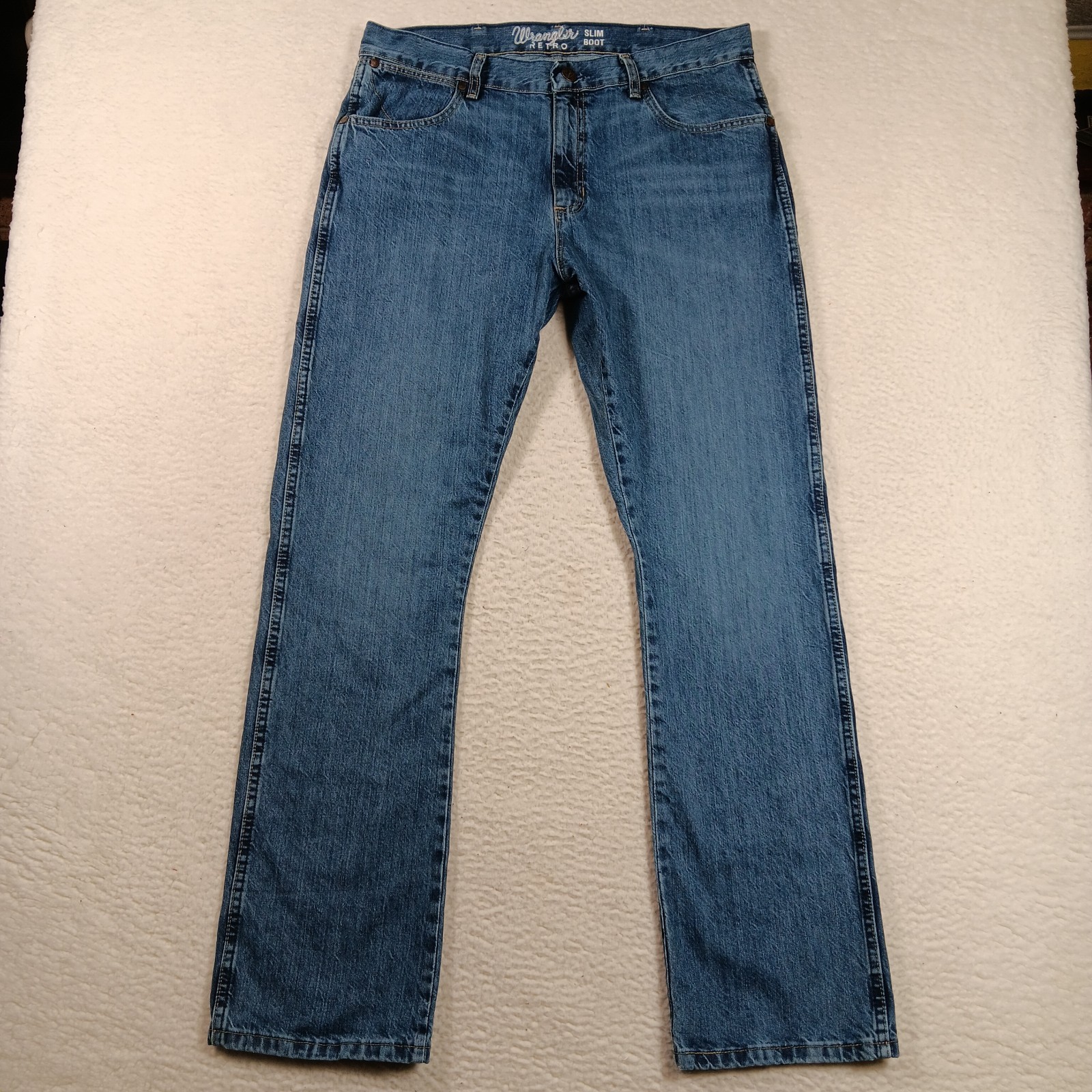 Wrangler Retro Jeans Mens 35×34 Blue Denim Slim Boot Western Cowboy Workwear