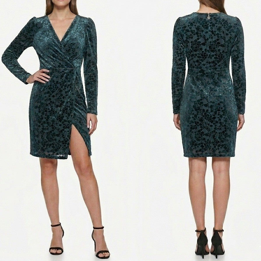 Tommy Hilfiger Burnout Velvet Faux Wrap Dress Sz 8 Emerald Green Wedding Guest