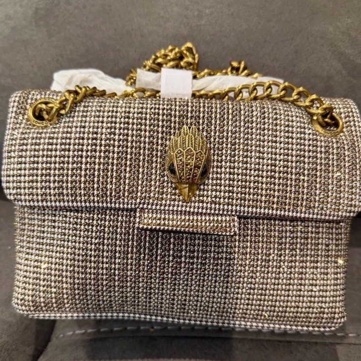New Kurt Geiger Structured Tweed Shoulder Bag with Gold Chain – Brown & Gold