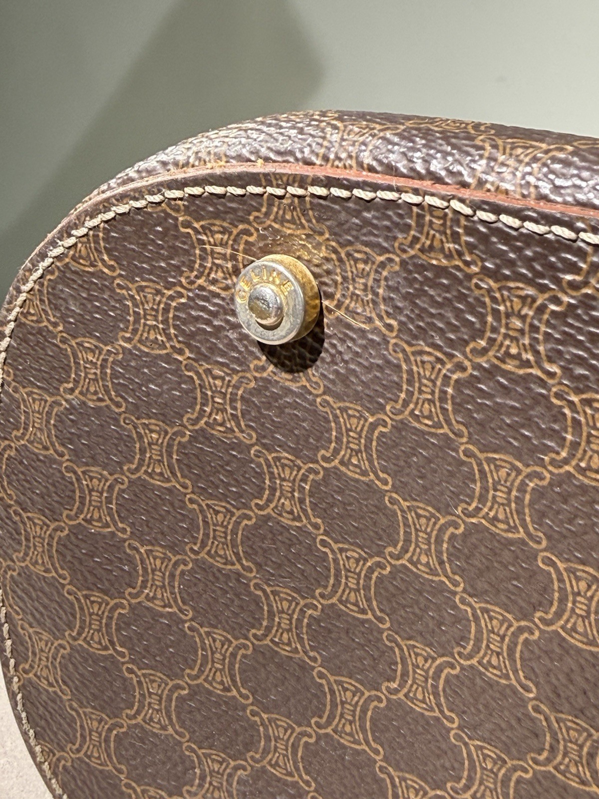 Celine Macadam Triomphe Brown Tote Bag Gold Hardware Leather Shoulder Strap