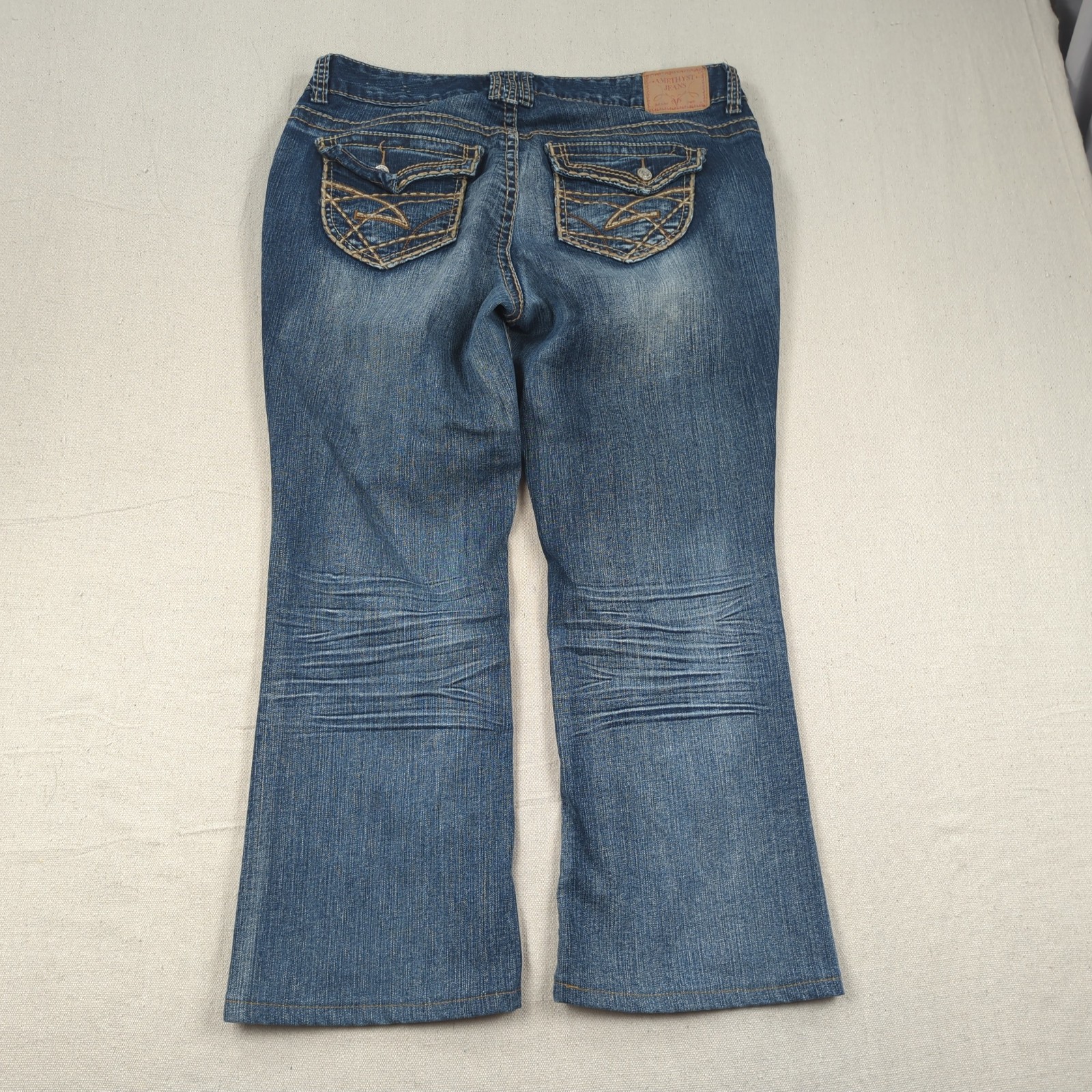 Amethyst Jeans Womens 16 Blue Boot Cut Cropped Low Rise Thick Stitch Flap Pocket