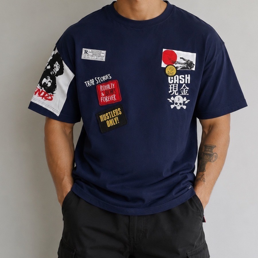 Makobi Trap Stories Navy Blue Graphic T-Shirt Japan Tiger Patches Mens 3XB M108