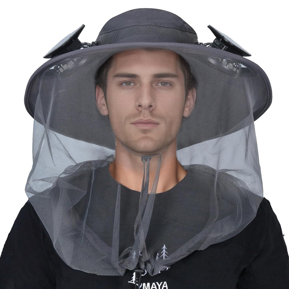 Solar Fan Hat With Mosquito Net Men Wide Brim Fishing Outdoor Bucket Sun Hat Cap