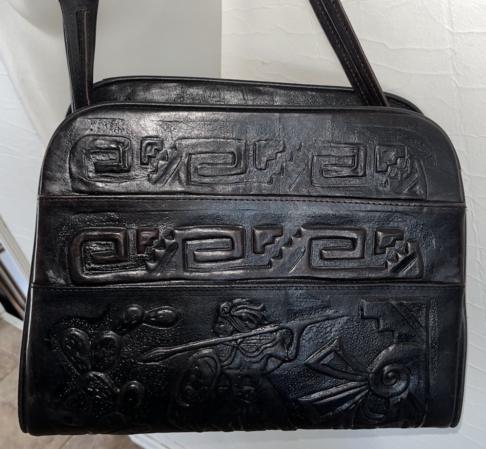 Vintage 1970s hand tooled Mexican Black leather Mayan Warrior shoulder bag purse