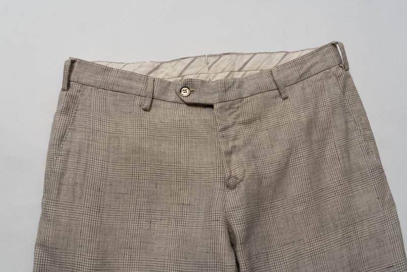 Men Checked Trousers Beige Wool/Linen 32 / M / 46
