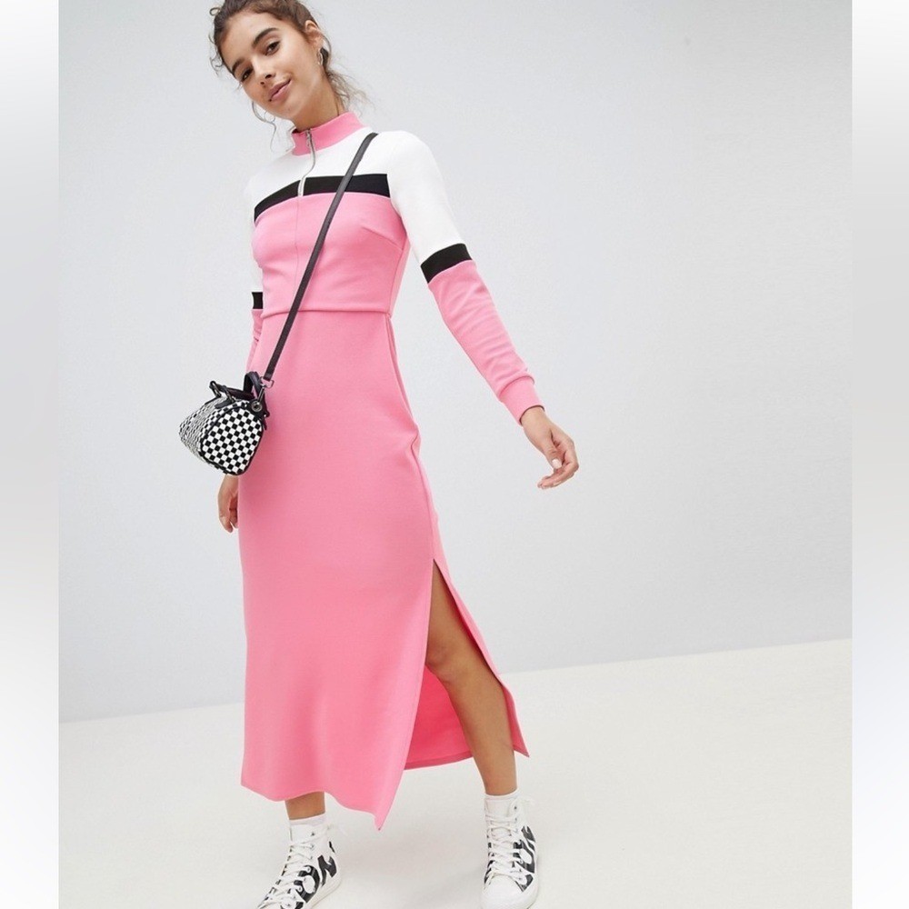 ASOS Colorblock Midi Dress Zip Neck Long Sleeve Pink White Black Size 2