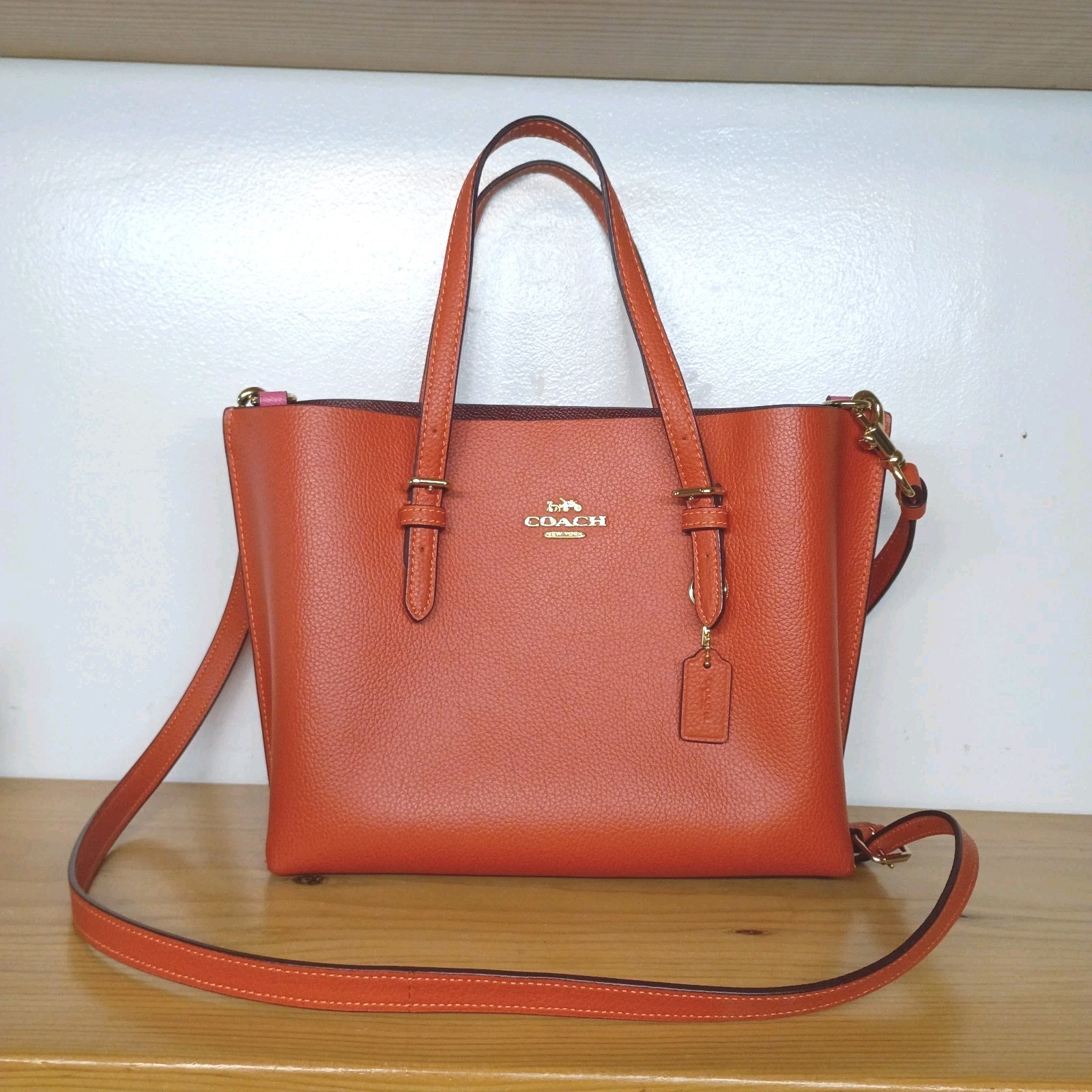 COACH C4084 Small Mollie Tote 25 Cross grain Leather Mango/Wine Bag