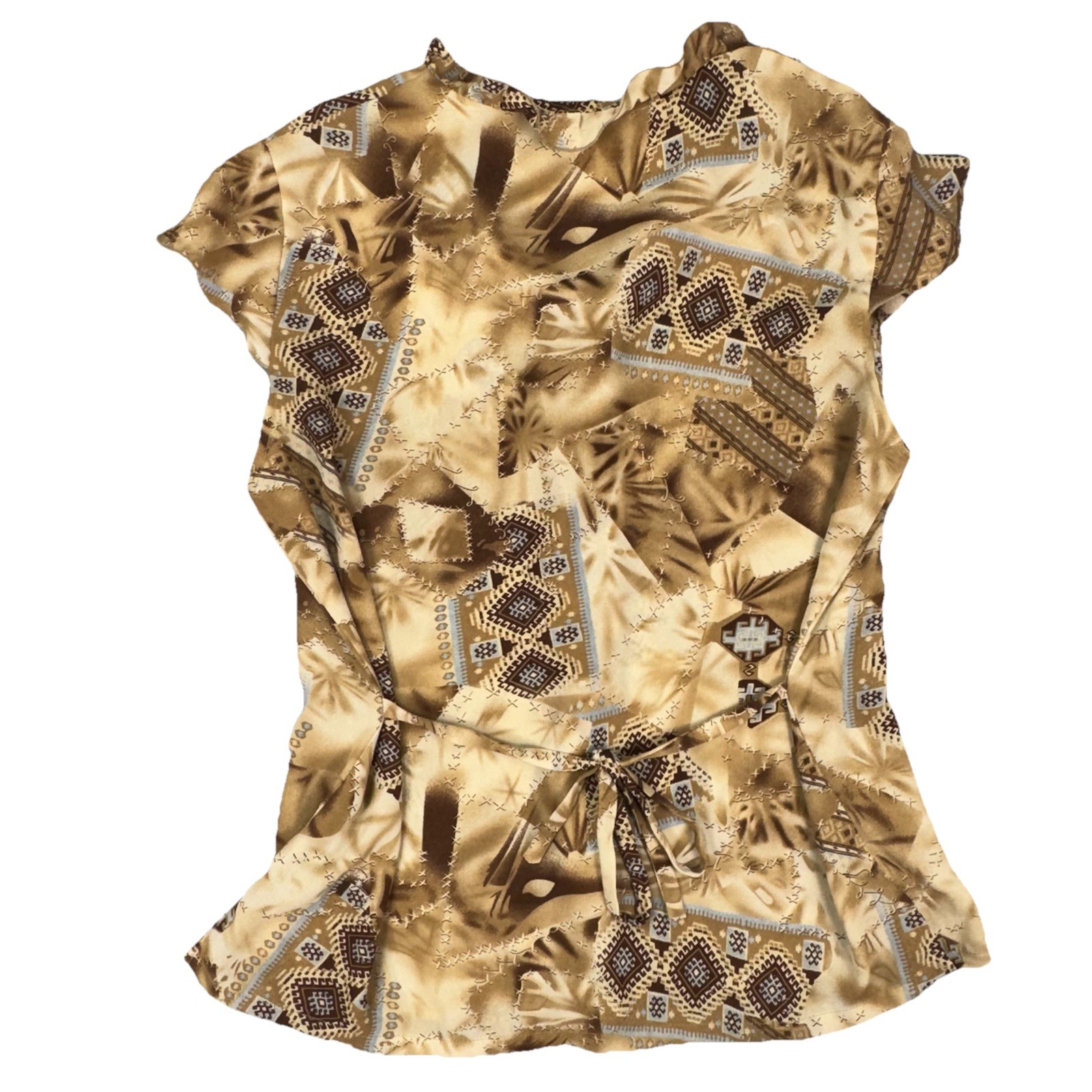 Vtg Y2K Dress-U Sharon Boho Ruffle Blouse Size 12 Tan Geometric Eclectic