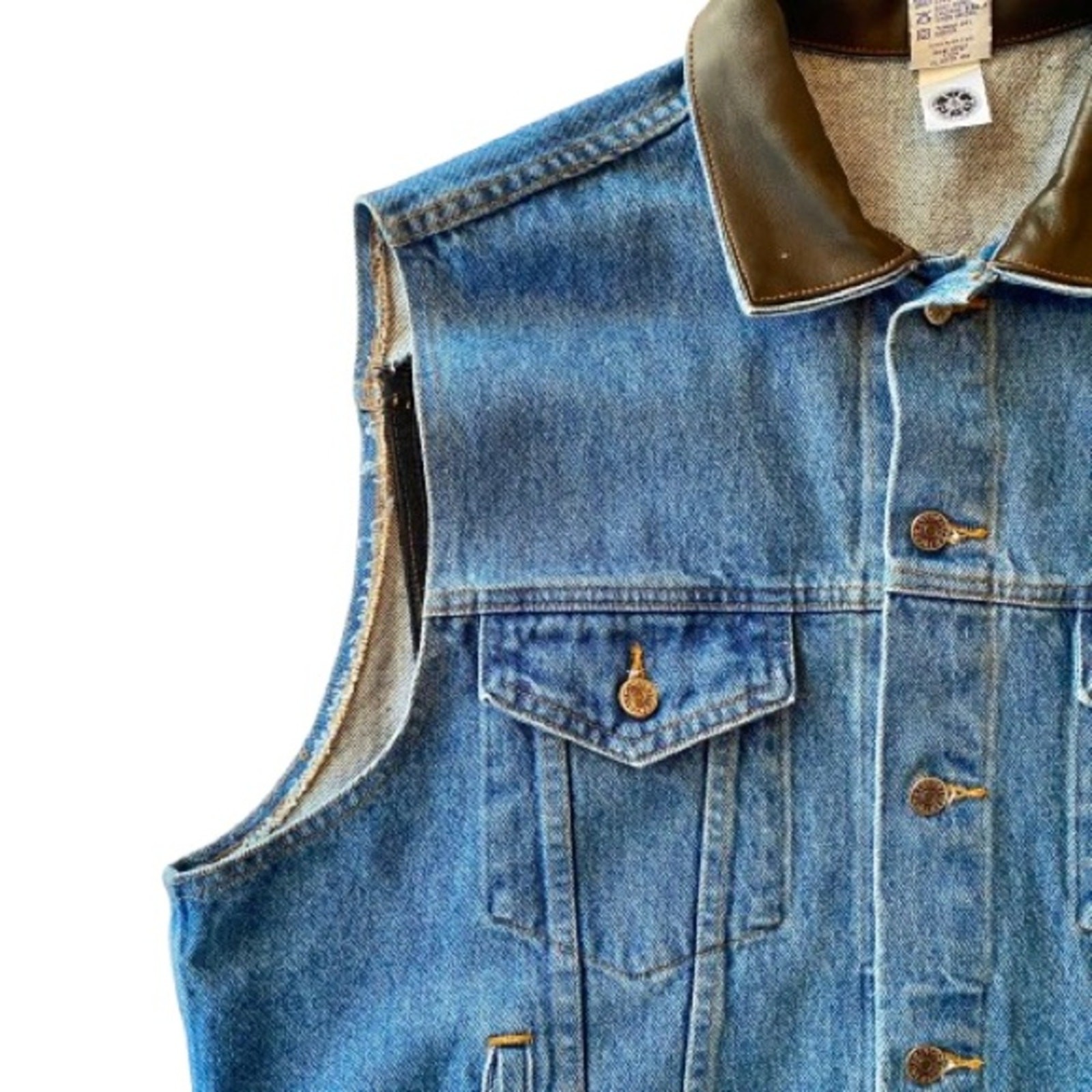 Vintage Denim Biker Vest Embossed Faux Leather Panel Sleeveless Pikes Peak 2XL