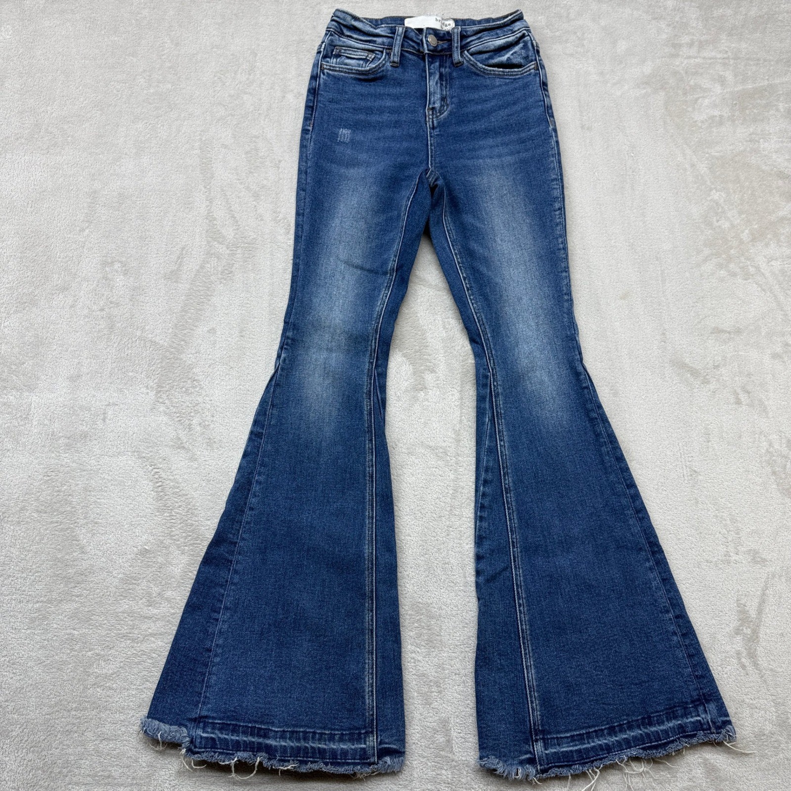 Bridge by Gly Jeans Women’s 23 Super Flare Blue Hi Rise Raw Hem Retro Boho Denim