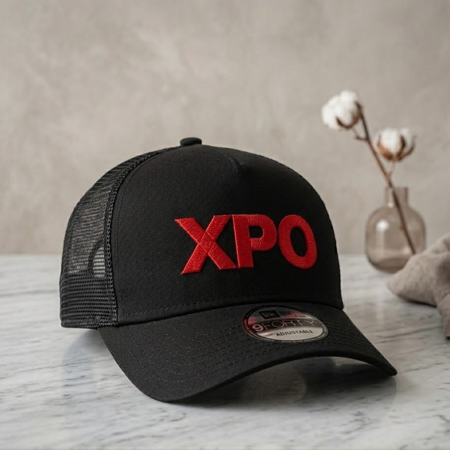 XPO Logo Fine Thread Embroidered Hat Premium Black Mesh Trucker Cap Unisex