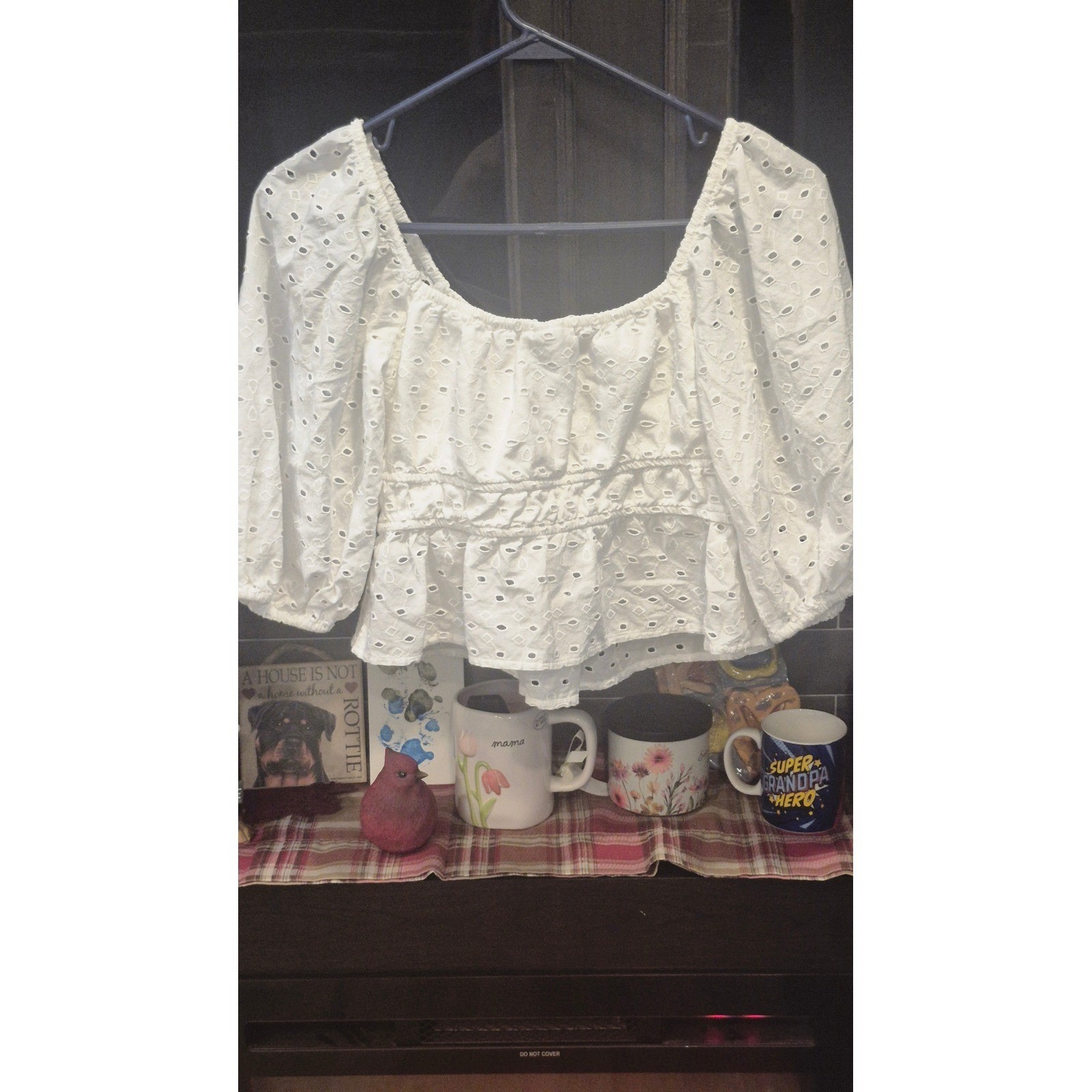 A New Day White Eyelet Puff Sleeve Peplum Top Square Neck 100% Cotton Blouse S