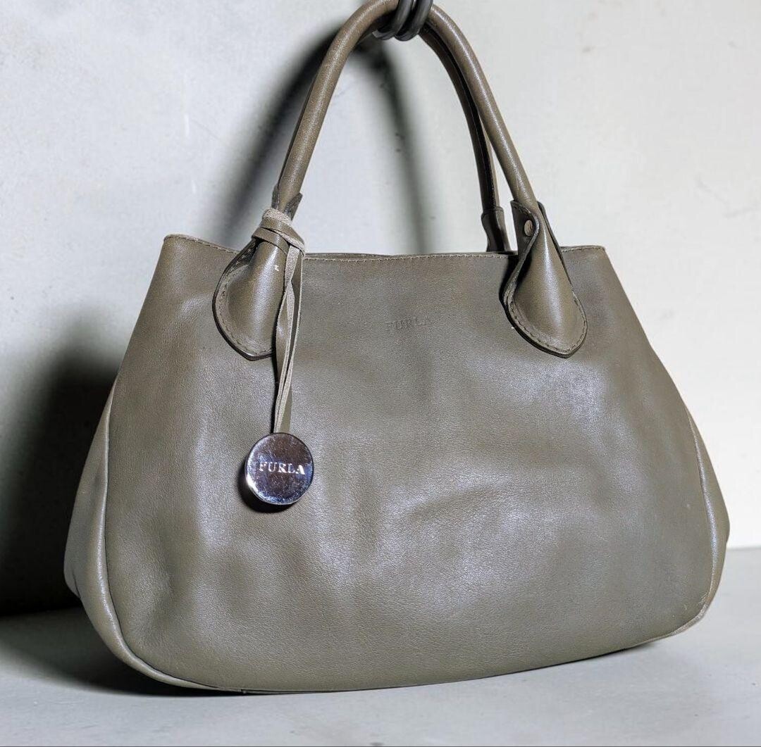Furla Green Khaki Leather Shoulder Bag Women Double Handle 10.6×8.3×5.1 in