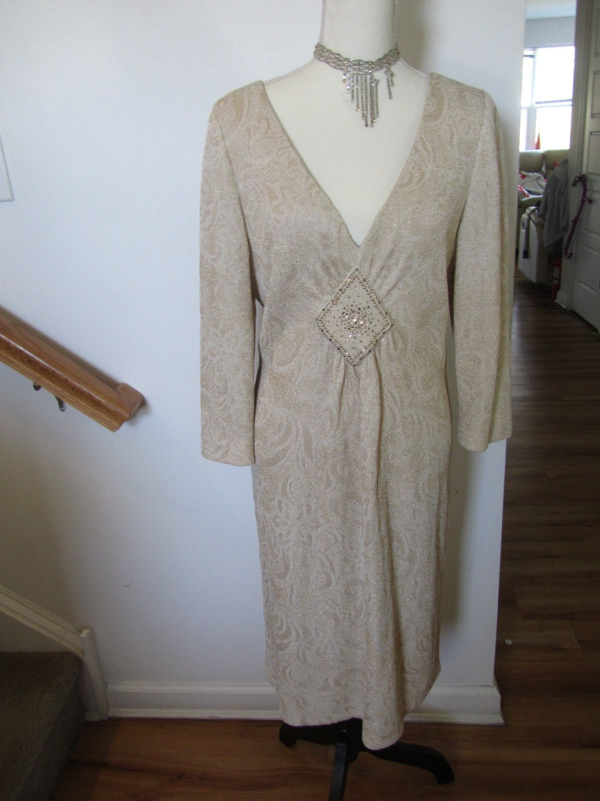 Dress St John evening wedding embellished 14 cream paillettes studded metallic