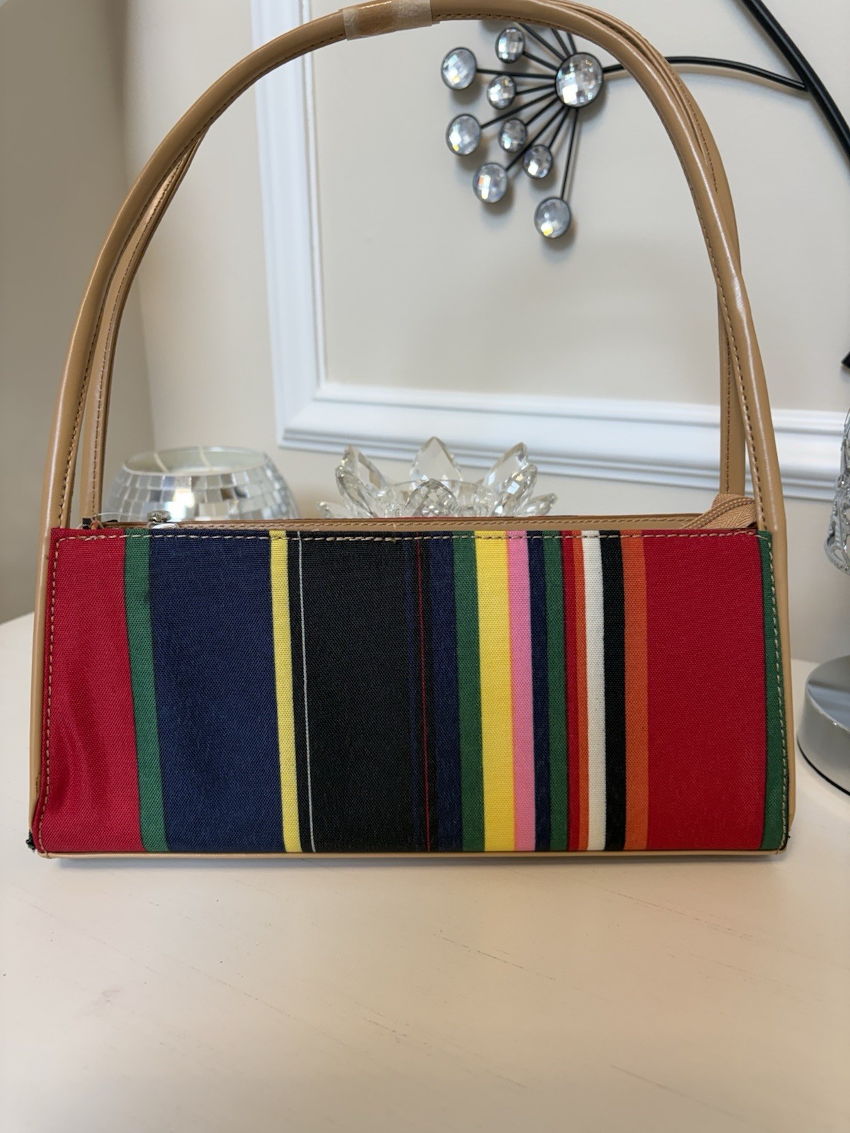 Women’s Multicolor Striped Zip Shoulder Bag Beige Strap Gold Hardware Lined