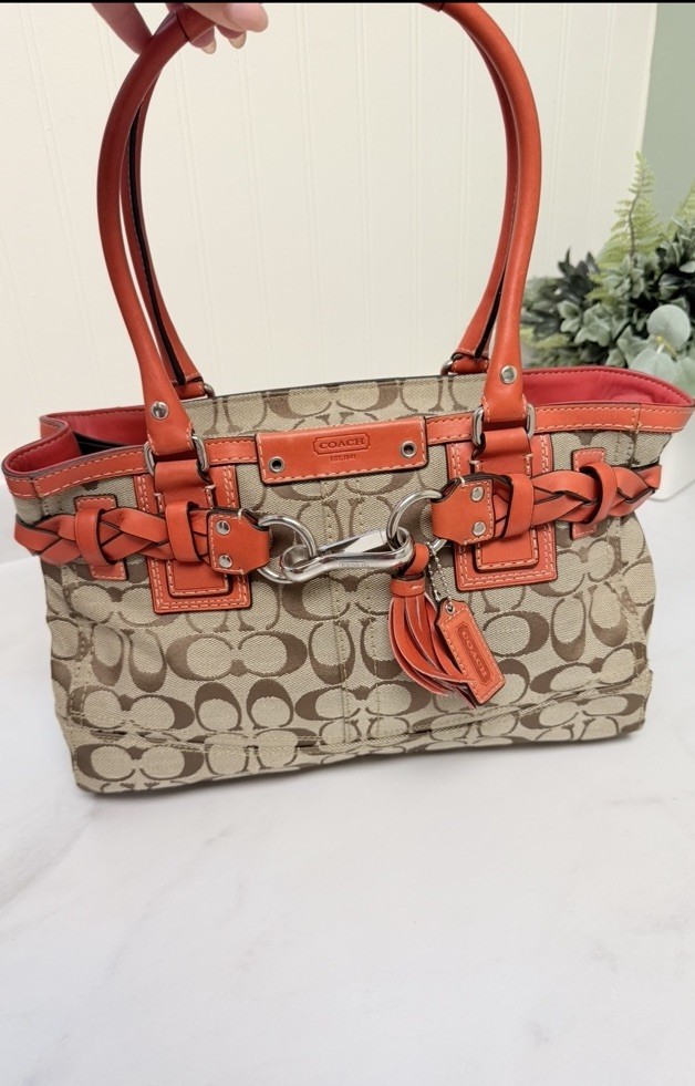 Coach Signature Logo Satchel/Top Handle Bag Beige/Brown/Orange Lining