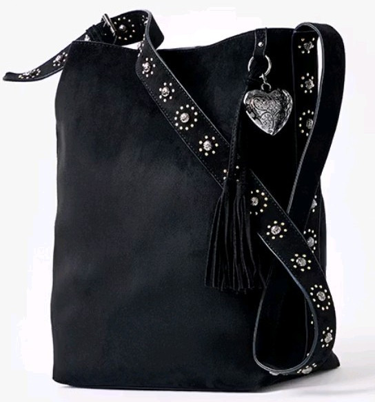 Black Medium Studded Tassel Crossbody Bag Heart Charm Zip Silver Hardware