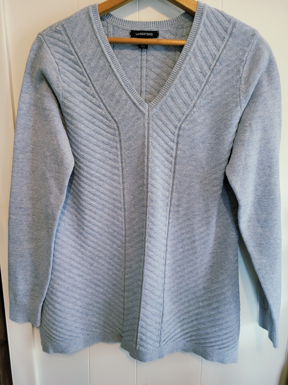 Lands’ End Marbled Baby Blue 100% Baumwolle Womens Size M V-Neck Sweater