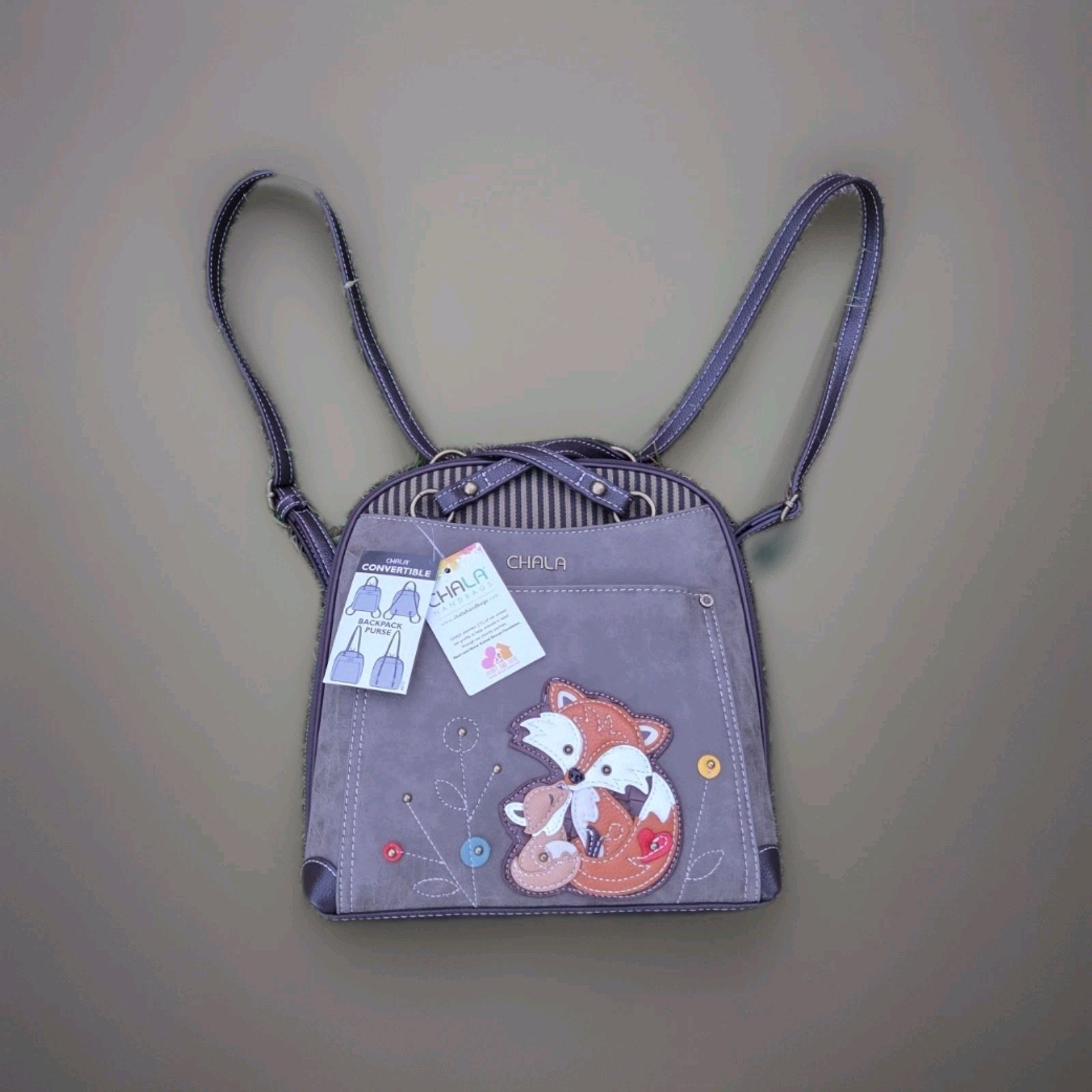 CHALA Convertible Backpack Purse Fox Patch Zip, Detachable Adjustable Strap