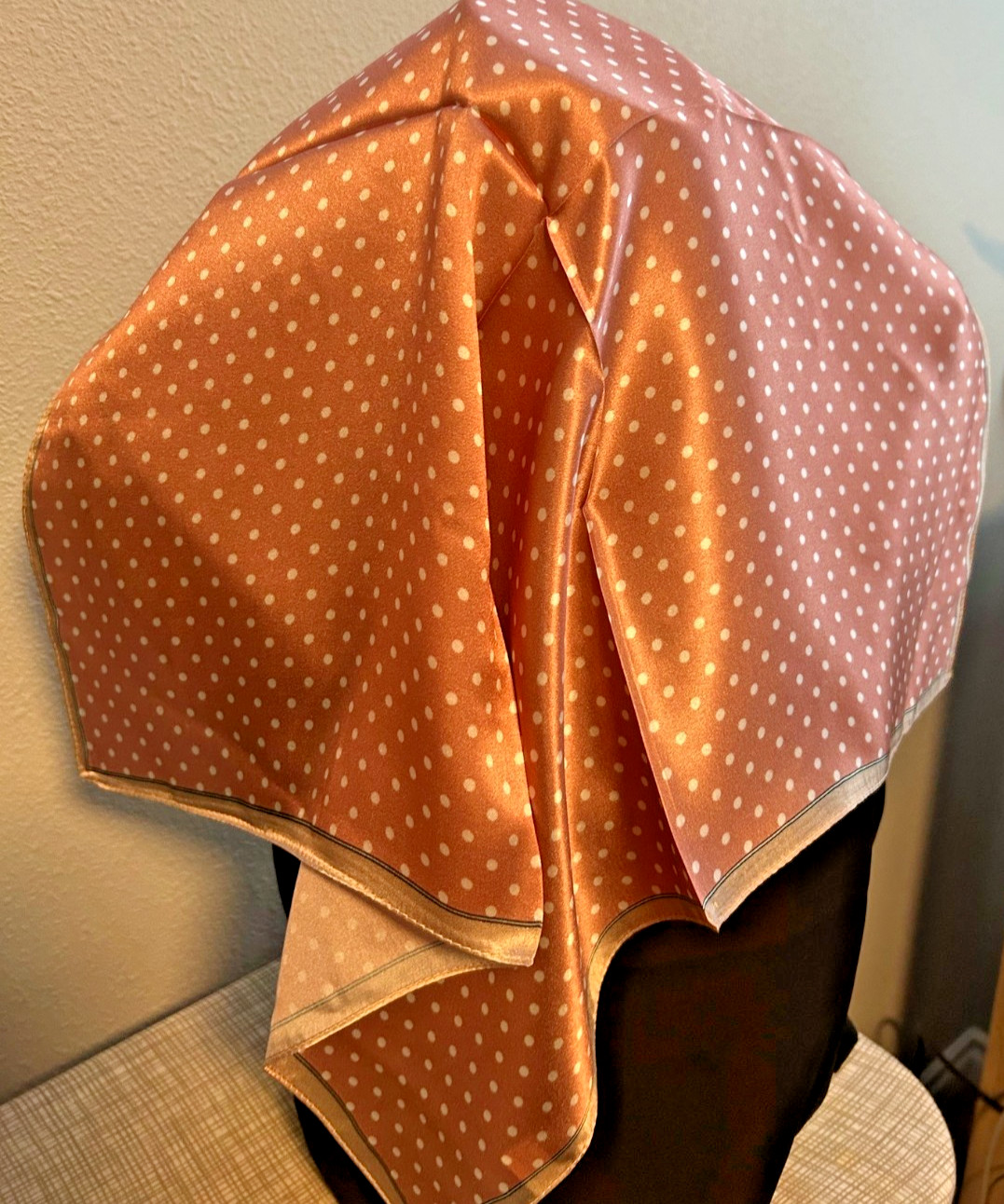 NEW 20 x 21 In. Sq. Med. Deep Pink, White Polka dots 100% Silk Pat.- SS 1050