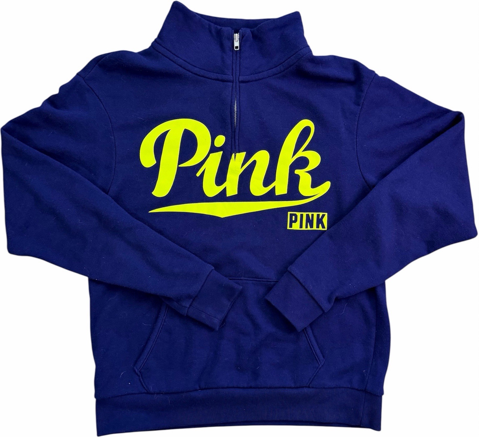 Victoria Secret PINK Quarter Zip Pullover Sweatshirt Navy Yellow Logo Size XS