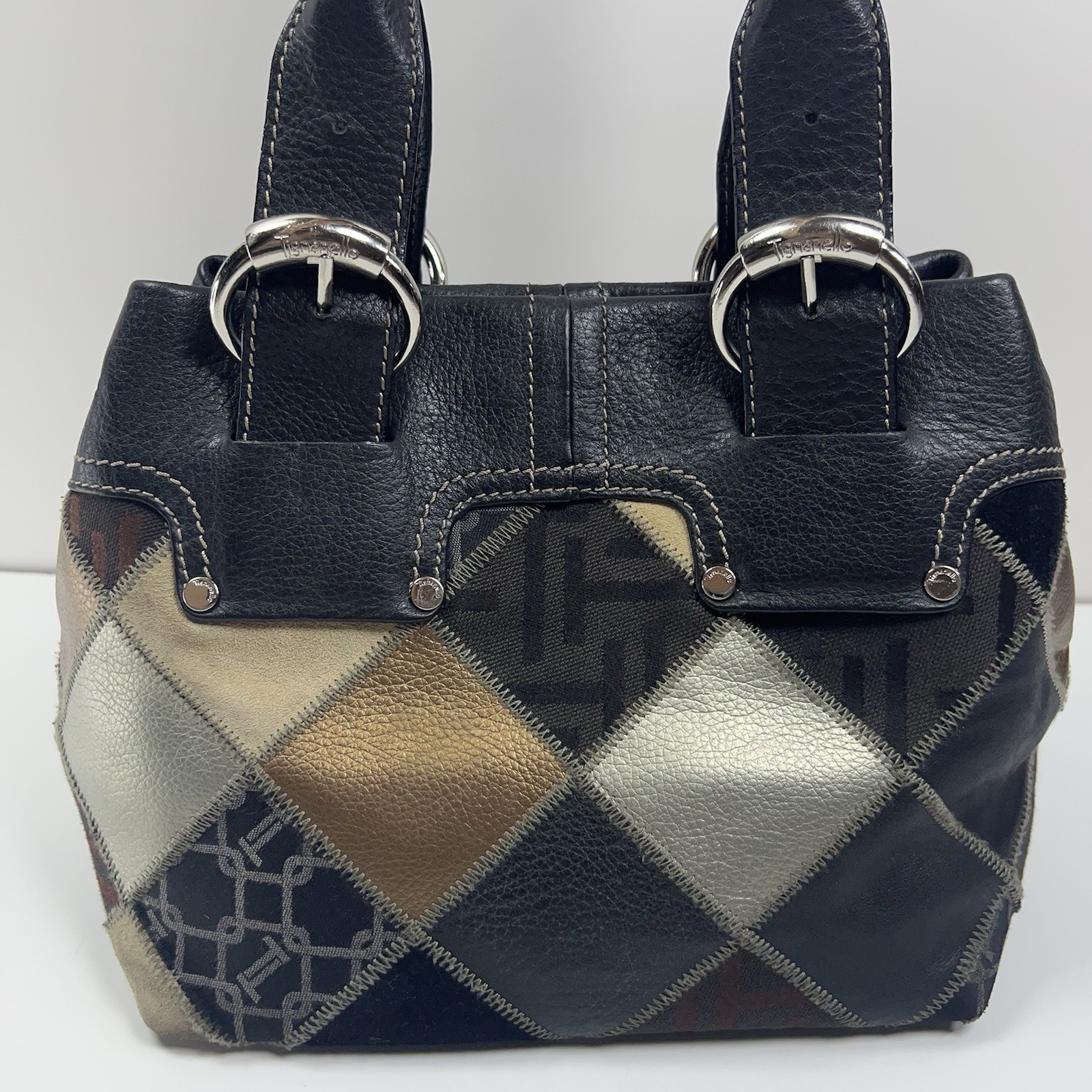 TIGNANELLO Leather Suede Patchwork Shoulder Bag Metallic Silver Buckle Boho Chic