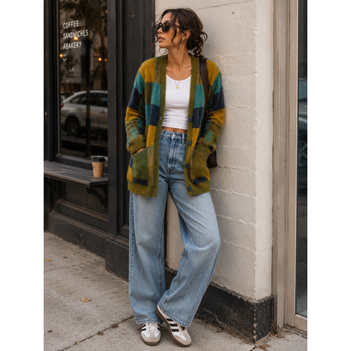 Listicle Women Green Yellow Blue Checkerboard Fuzzy Eyelash Knit Cardigan Large