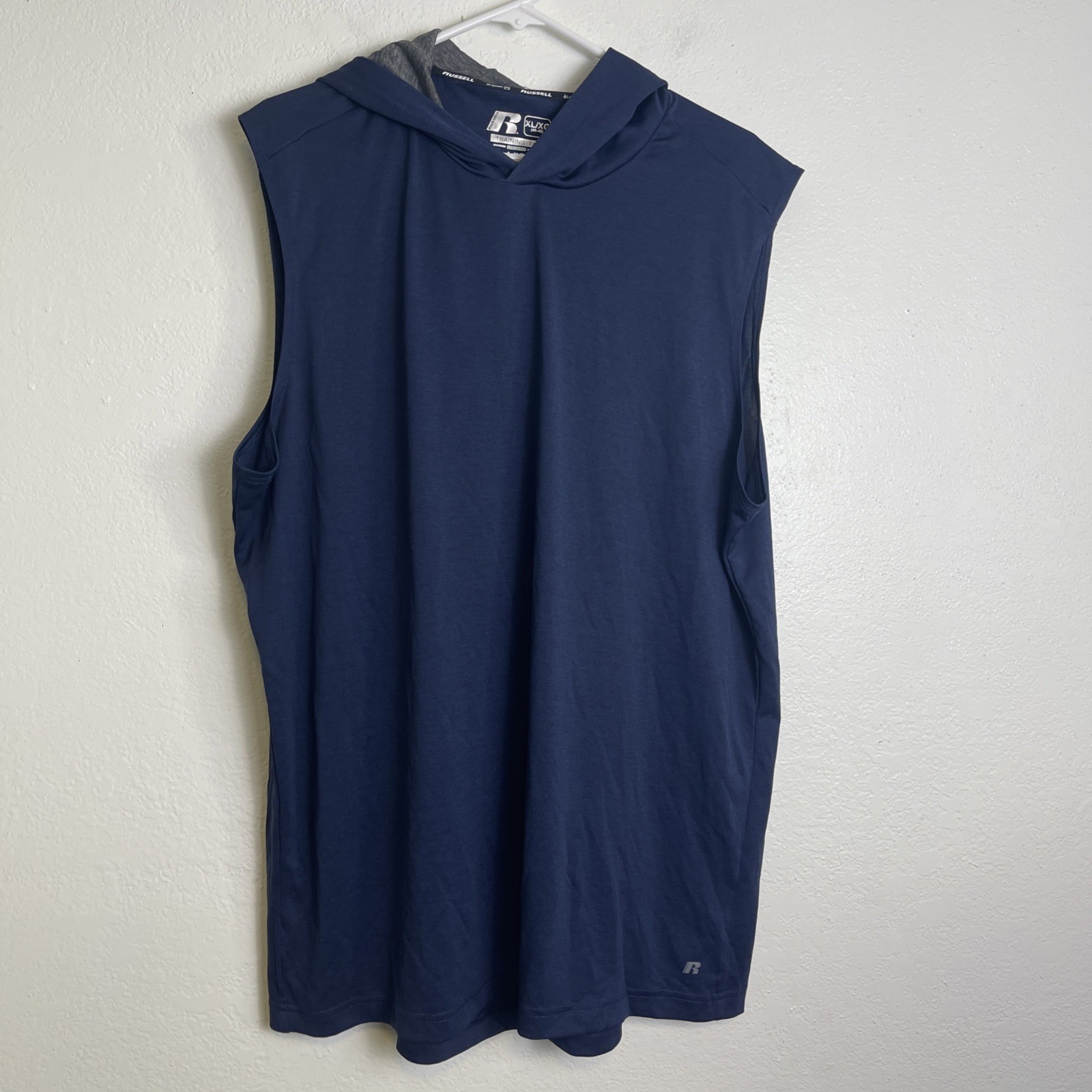 Russell Dri-Power 360 Shirt Mens XL Blue Sleeveless Hooded Training Tank Top