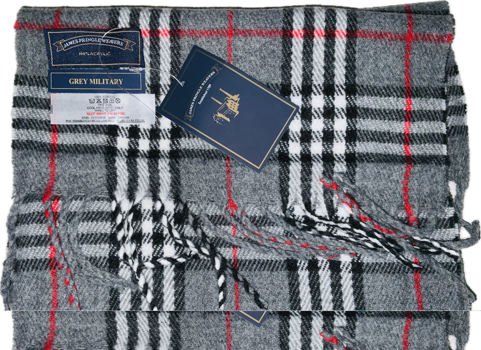 James Pringle Weavers Men’s Grey Military Rectangle 100% Acrylic Scarf NWT