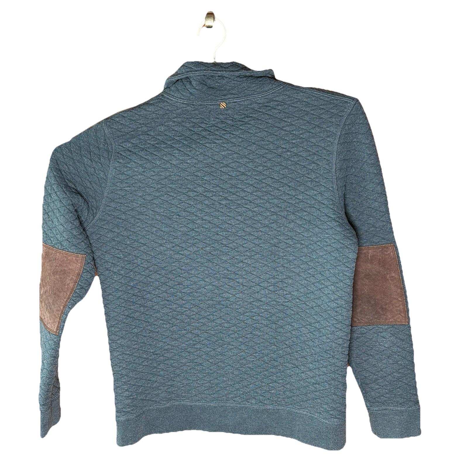 Billy Reid Quilted Sweater Men L Blue Pullover Cowl Shawl Neck Elbow Patches