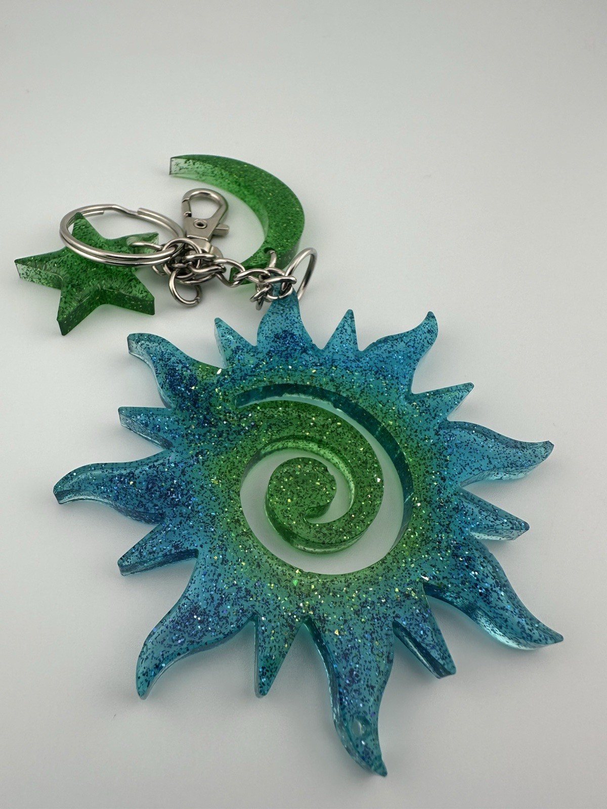Handmade Blue Green Epoxy Resin Sun Moon Star Keychain Kawaii Bag Charm Gift
