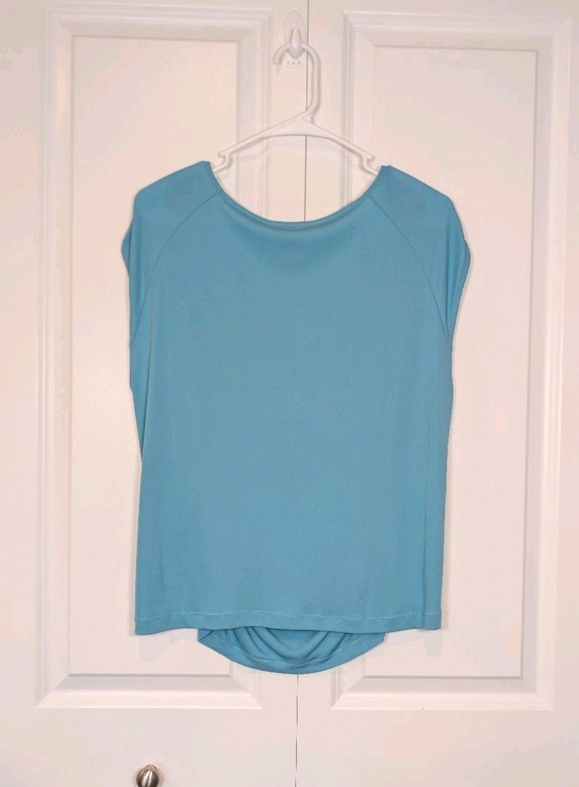 Lafayette 148 Silk Knit Ruched Side Short Sleeve Blouse Top Blue Turquoise XL